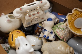 Three boxes of mixed, china wooden and metal novelty money boxes mostly from the 1960’s and later. Condition - variable